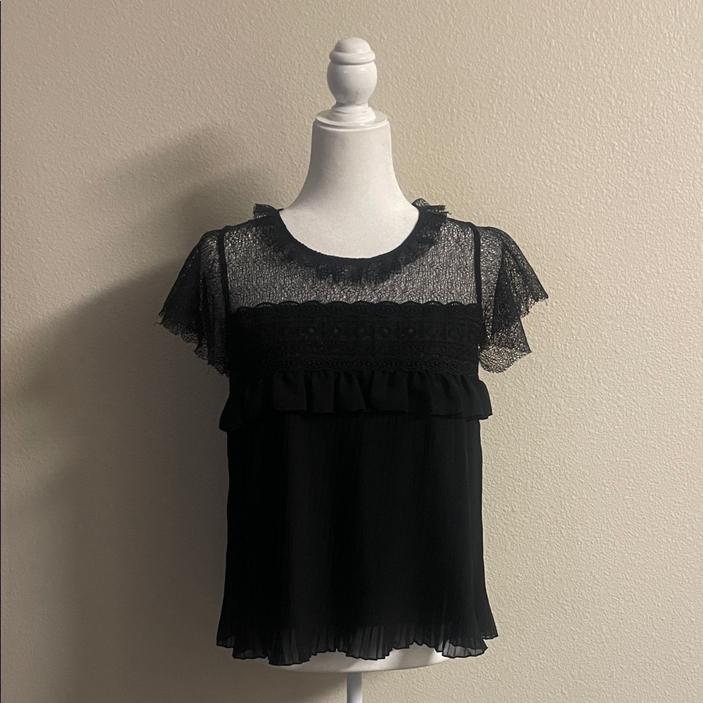 ZARA Black Lace Chiffon Ruffle Top | Coquette Gothic Sheer Blouse - Picture 2 of 8